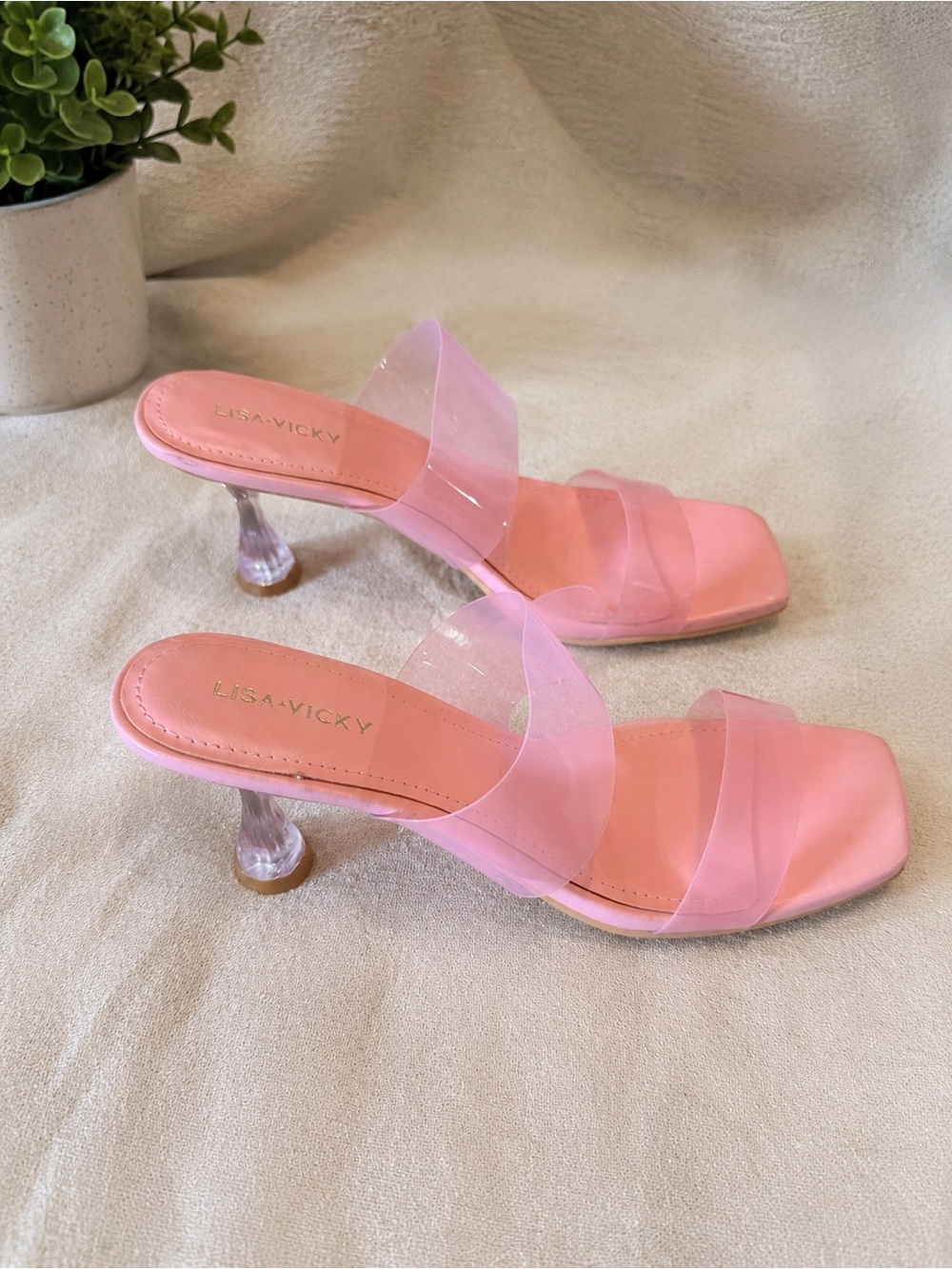 Lisa Vicky Pink Mule Kitten Heel Double Vinyl Straps Slip On Sandals Sz 8